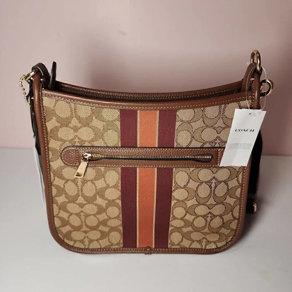 NWT COACH CA195 Dempsey File Bag In Signature Jacquard Stripe Patch Sadd…